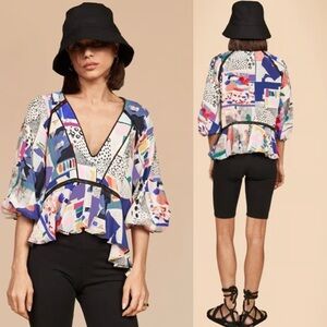 Hunter Bell Abstract Geometric Print Grayson Artsy Peplum V-Neck Silk Top Small